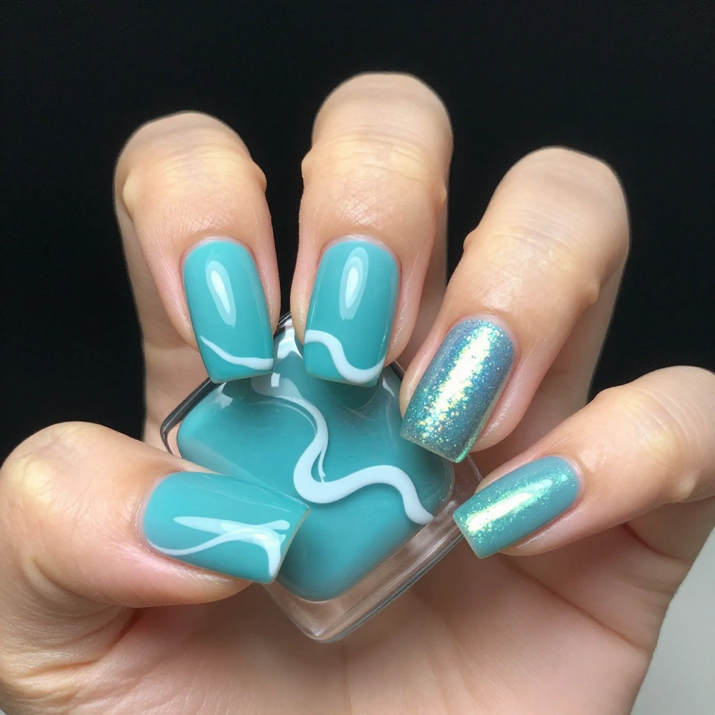 Turquoise Chrome Wave Nail Design