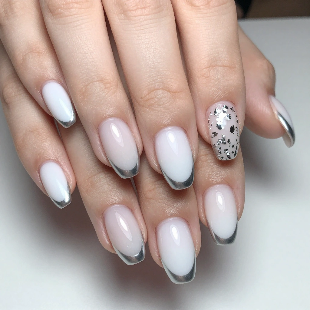 White Coffin Nails with Silver Chrome French Tips
