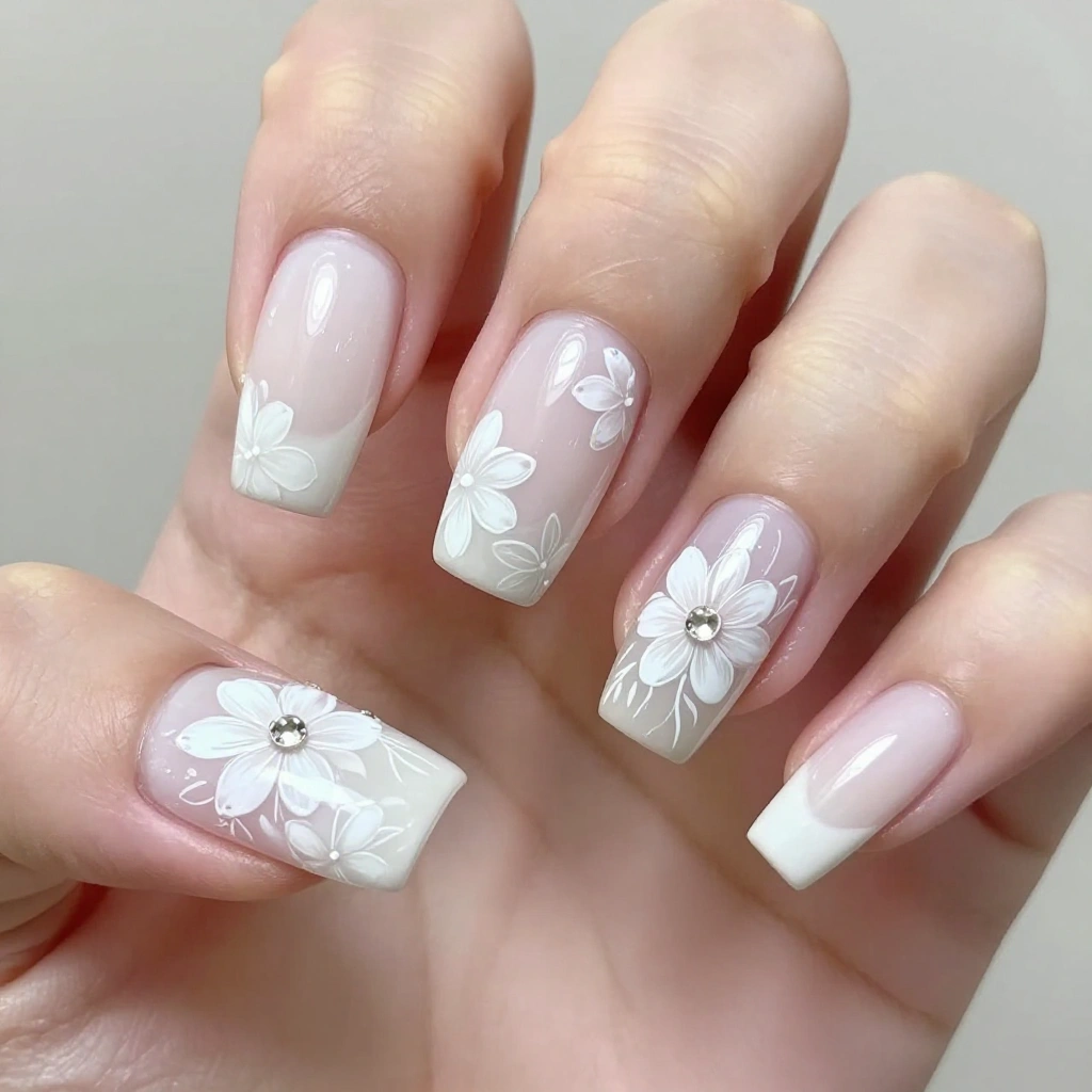 White Square Nails with Delicate Floral Line Art