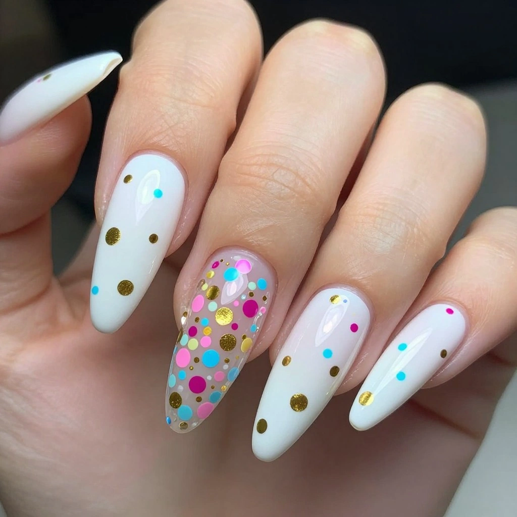 White Stiletto Nails with Colorful Confetti Art