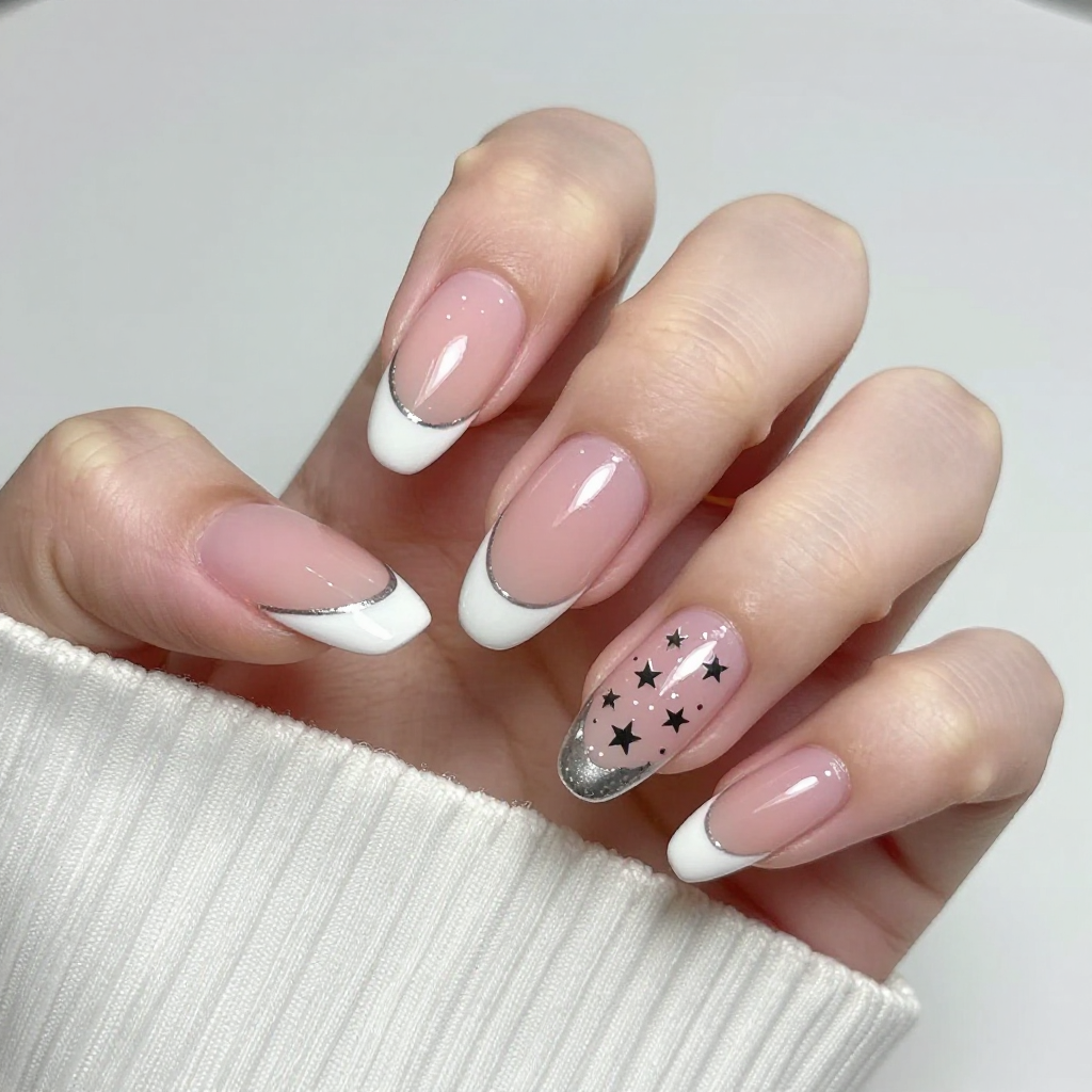 French Tip Almond Nails with Silver Accents