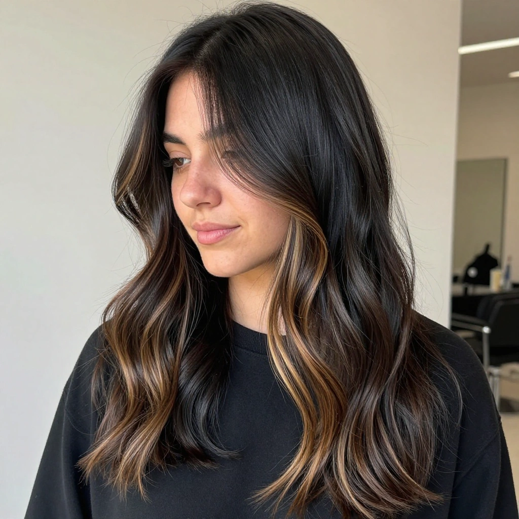 Black Balayage with Face-Framing Highlights