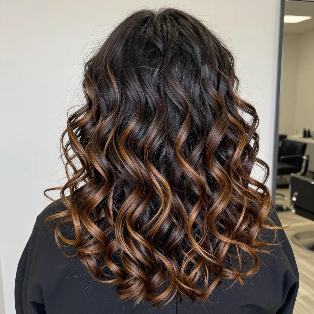Black Balayage with Warm Highlights for Curly Hair