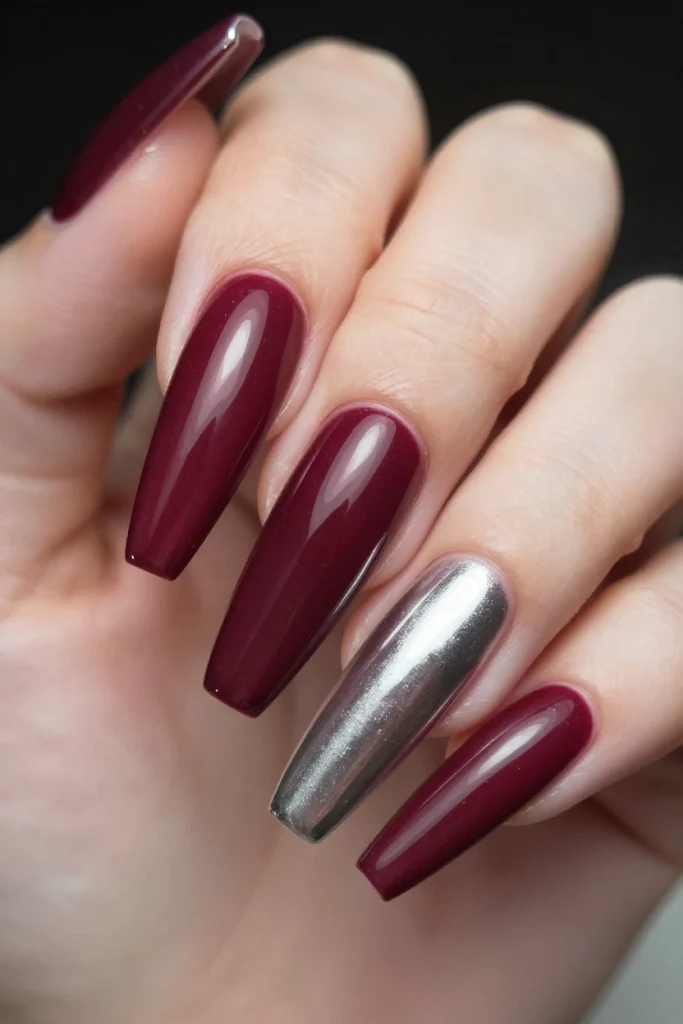Burgundy Chrome Ombre Coffin Nails