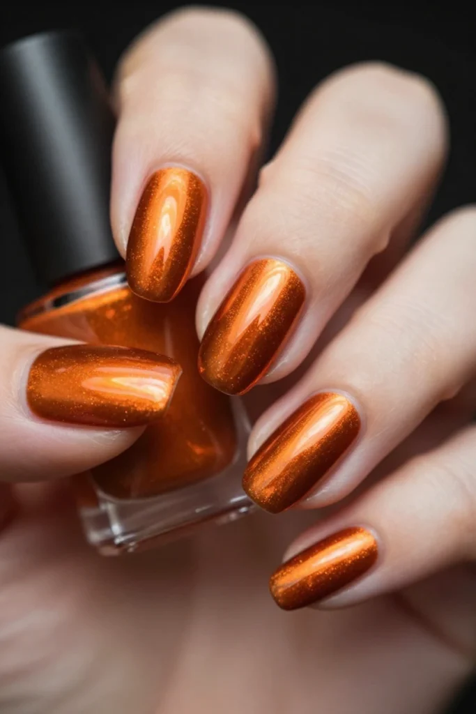 Burnt Orange Chrome Almond Nails
