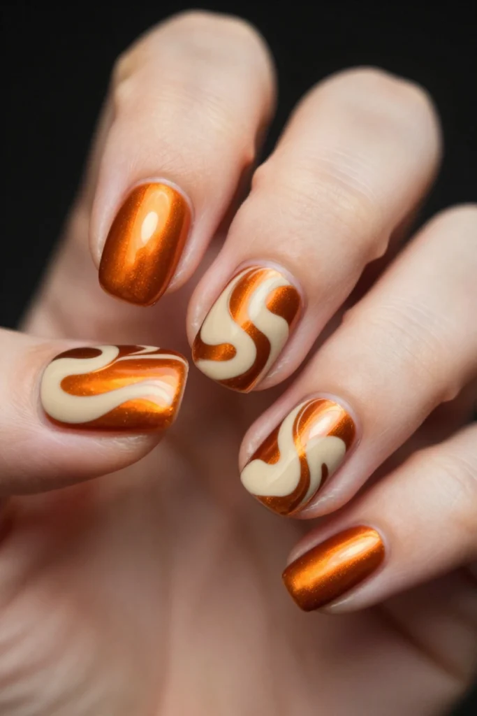 Burnt Orange Chrome Swirl Nails