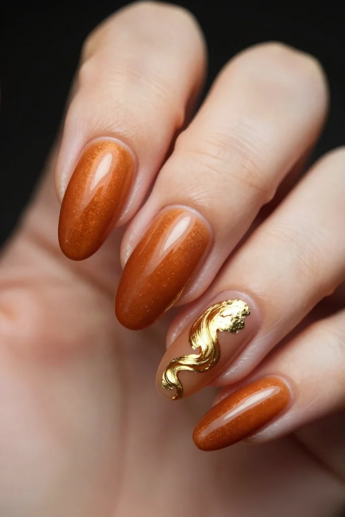 Burnt Sienna Chrome Almond Nails