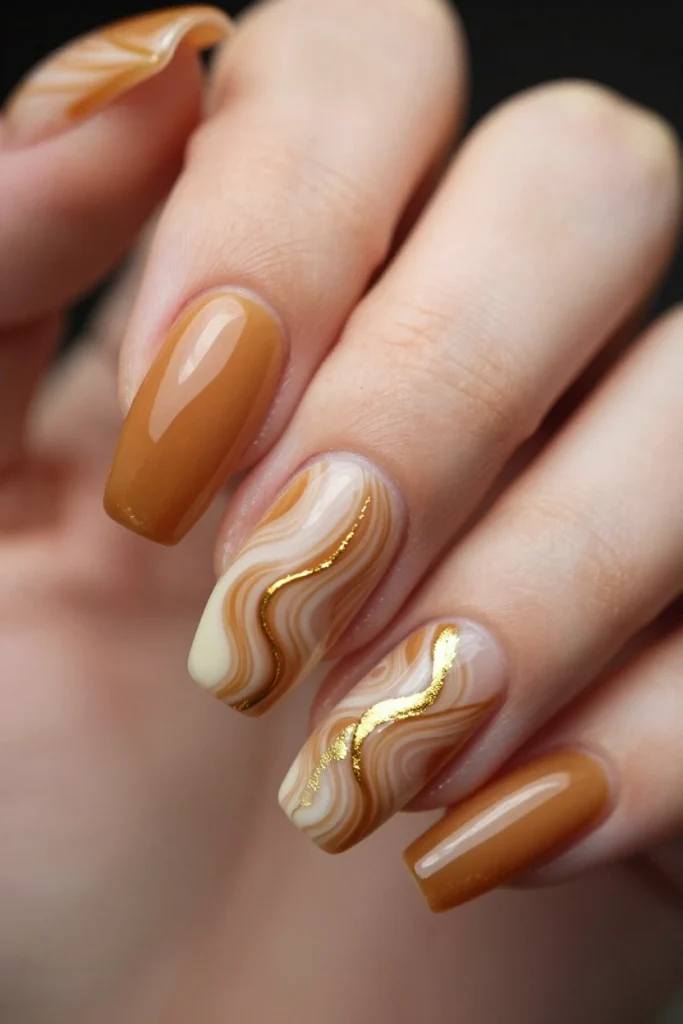 Caramel Swirl Coffin Nails