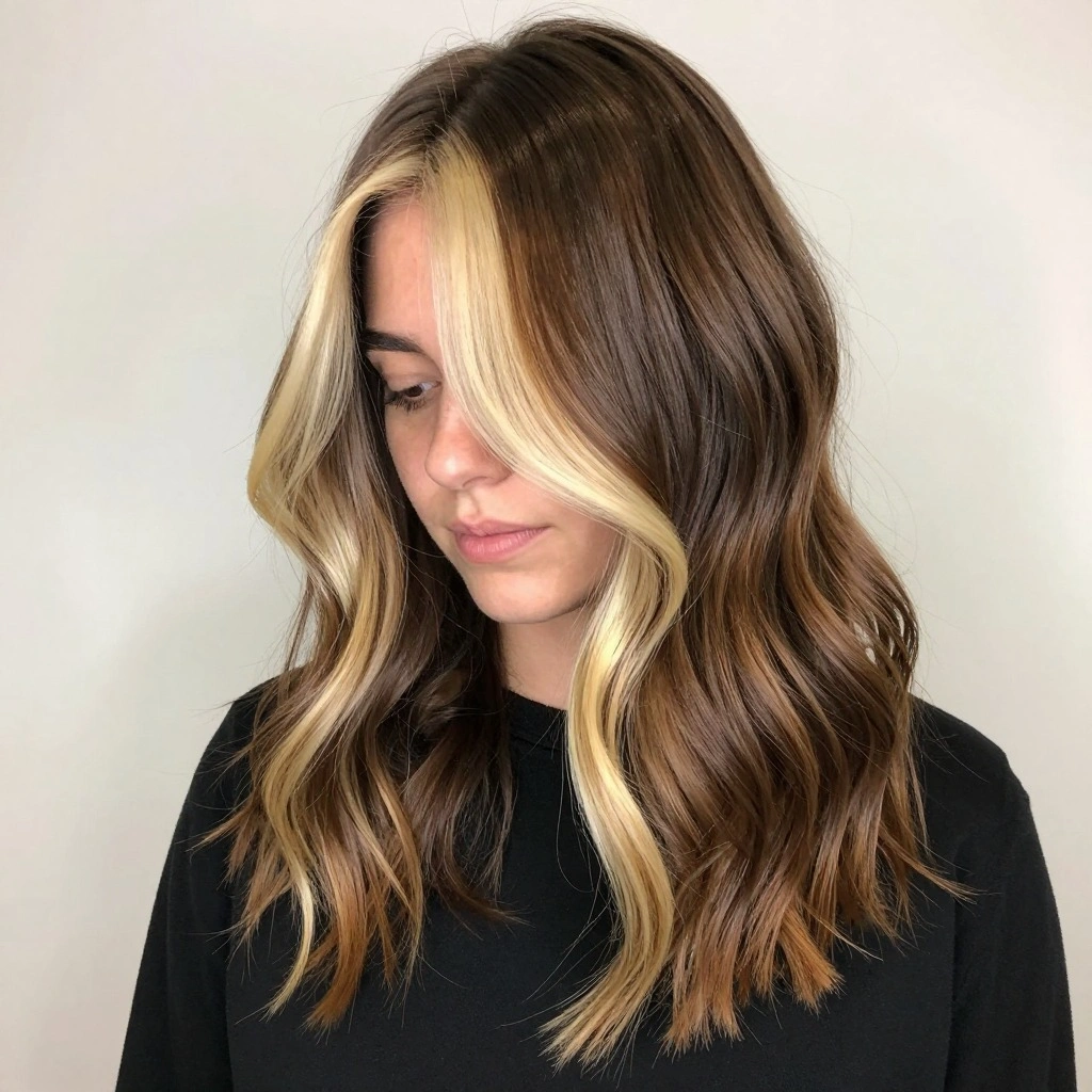 Chocolate Brown Balayage with Blonde Money Pieces
