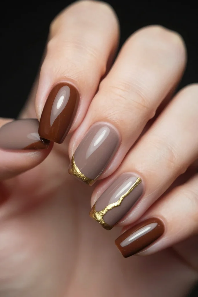 Chocolate Brown Chrome French Tip with Marble Vein