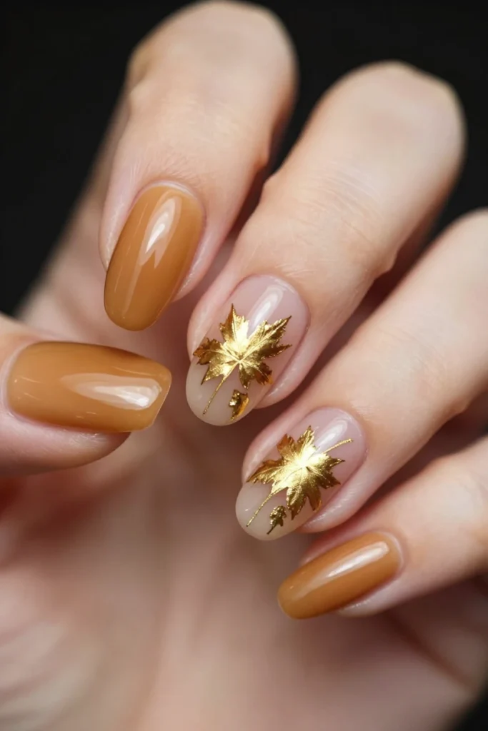Chrome Leaf Accent Almond Nails