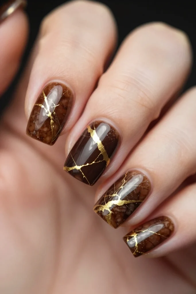 Chrome Marble Square Nails in Espresso and Gold