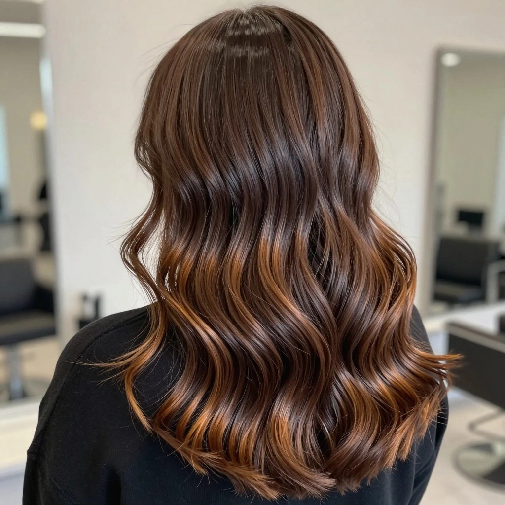 Classic Chocolate Balayage with Caramel Ribbons