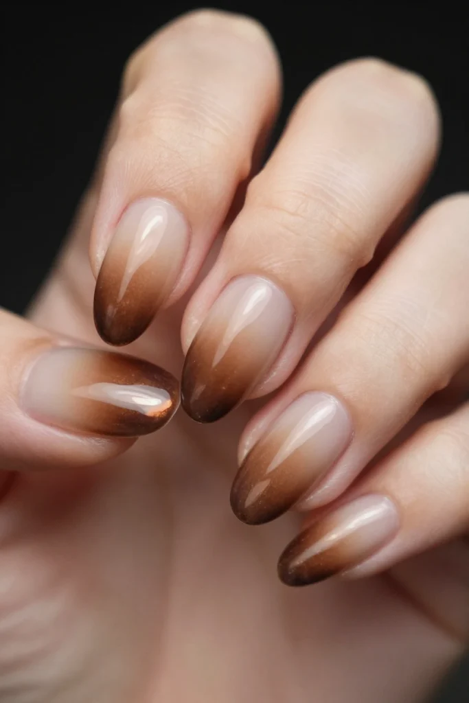 Cocoa Brown Aura Chrome Almond Nails