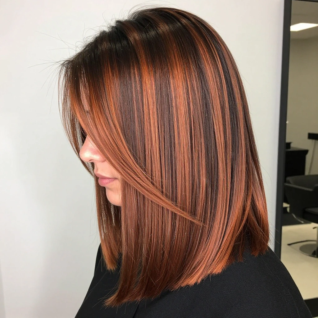 Copper Balayage on a Sleek Blunt Lob