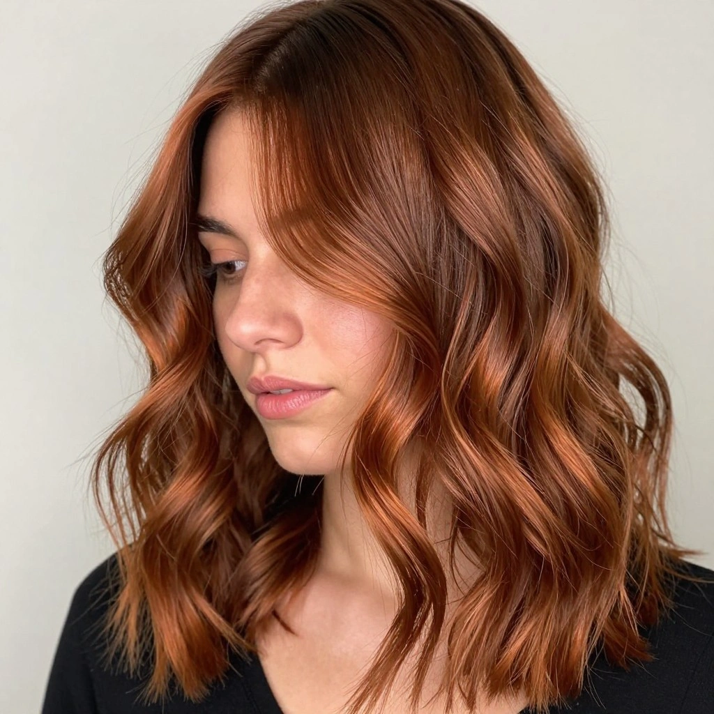 Copper Balayage with Face-Framing Highlights on Wavy Hair