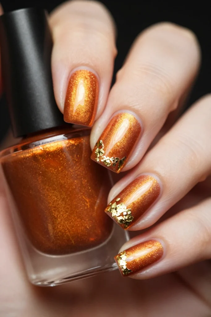 Copper Chrome Cat Eye Nails with Gold Foil Accents