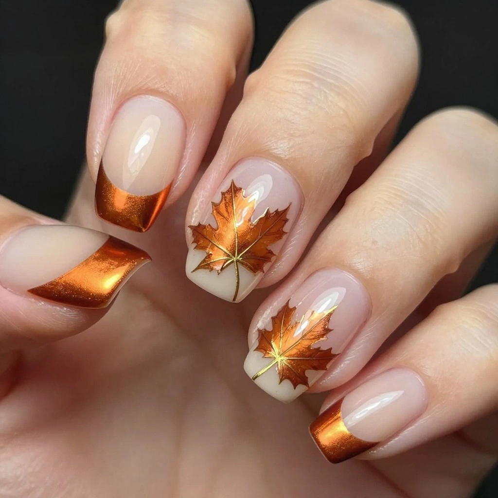 Copper Chrome French Tip with Leaf Art