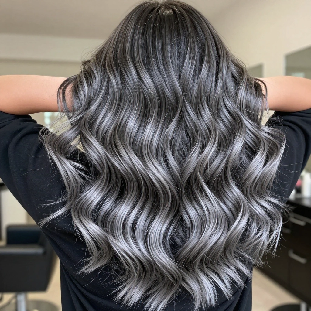 Dramatic Grey Balayage on Long Voluminous Waves