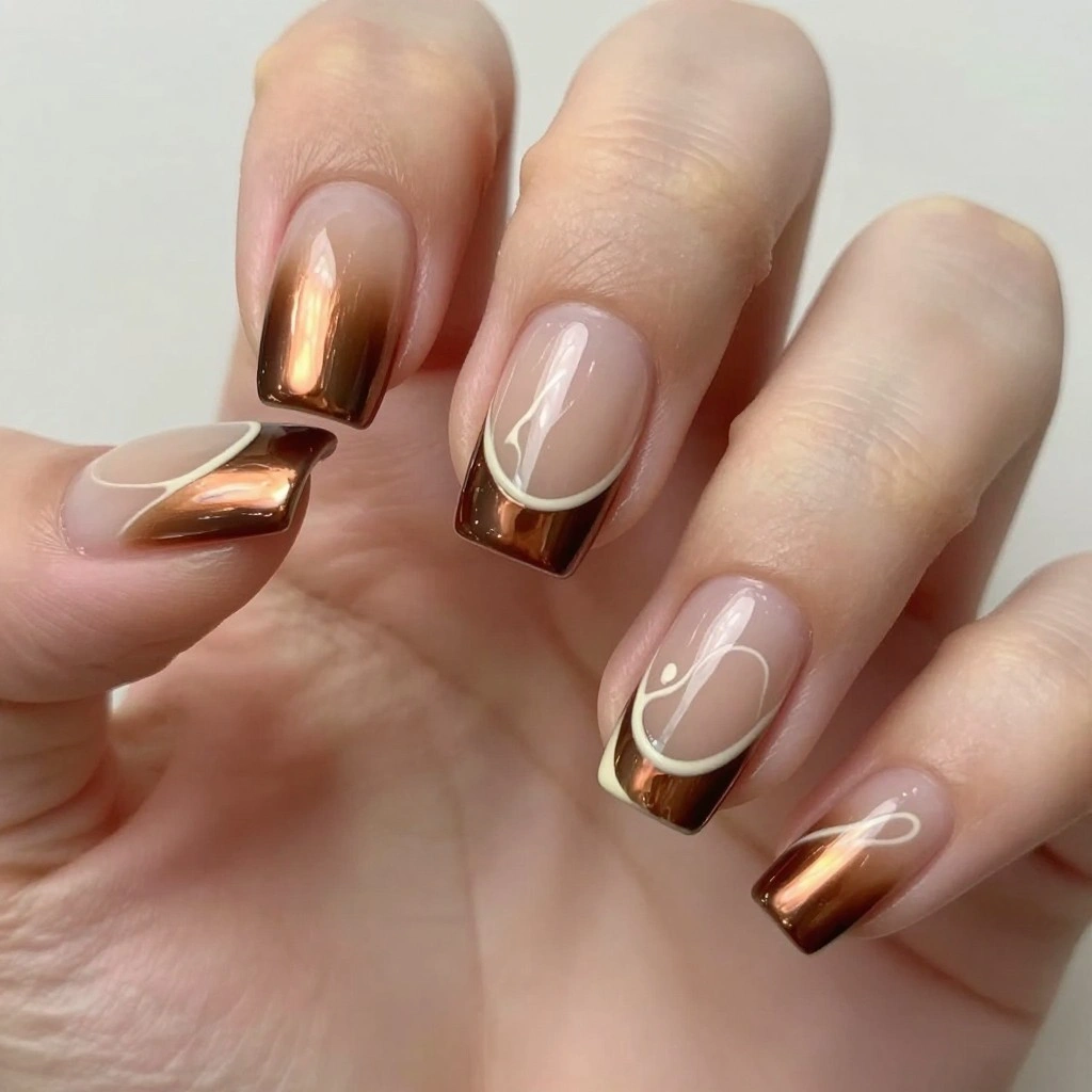 Espresso Brown Chrome French Tip with Swirls