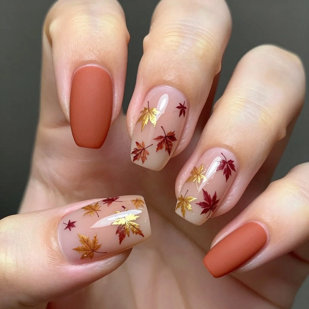 Falling Leaves Accent Nail Art

