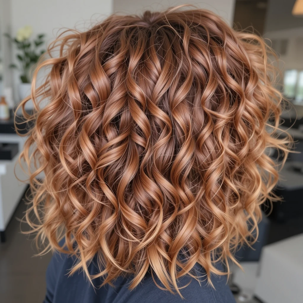 Ginger Balayage with Subtle Highlights for Curly Hair