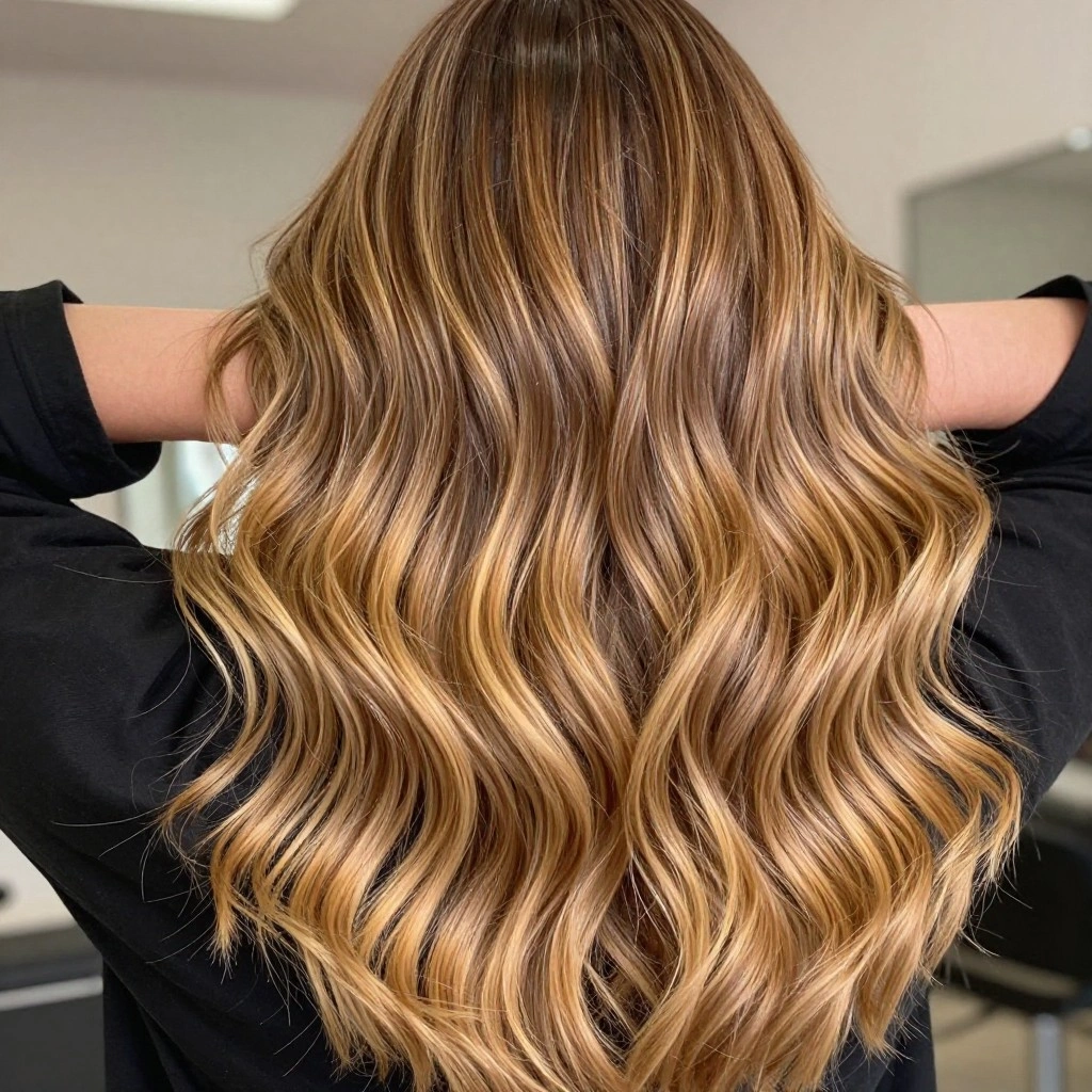 Honey Blonde Balayage on Long Wavy Hair