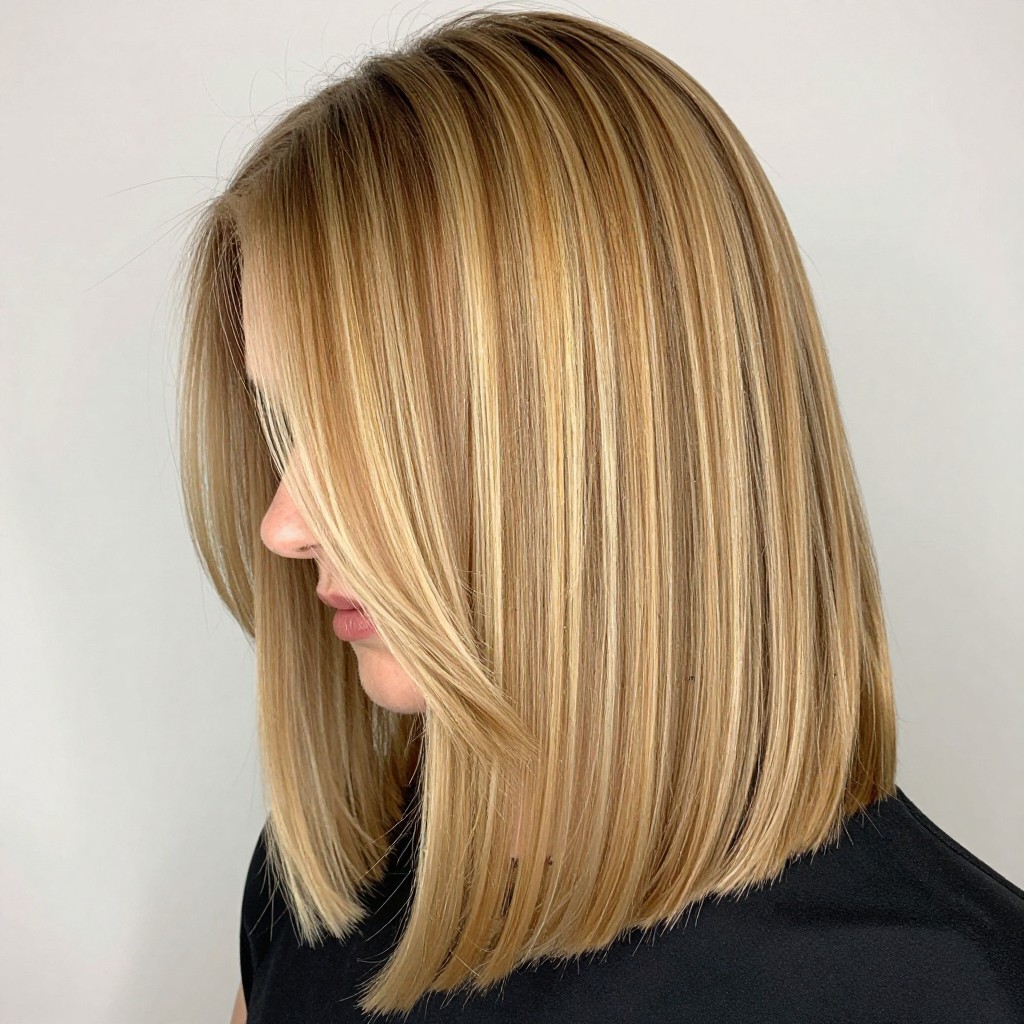 Honey Blonde Balayage on a Sleek Straight Lob