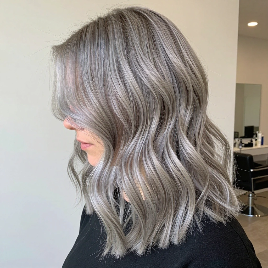 Icy Grey Balayage on Wavy Lob