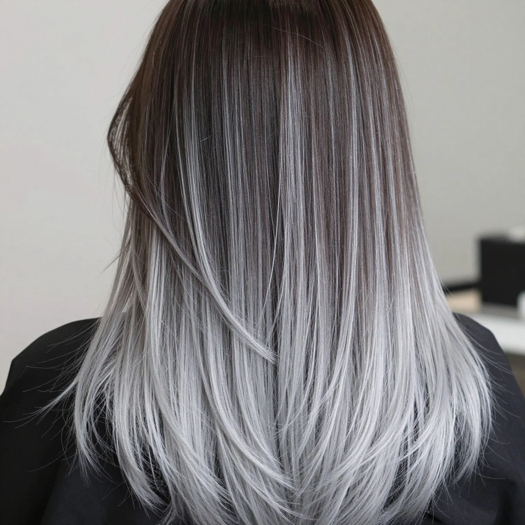 Icy Silver Balayage on Dark Roots
