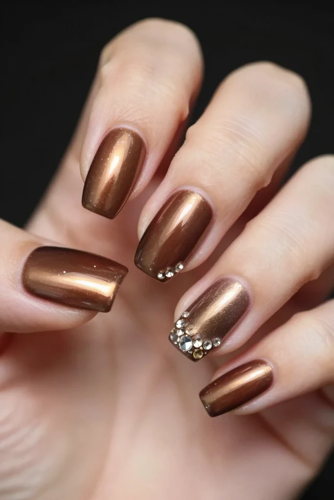 Mocha Chrome Nails With 3D Gems