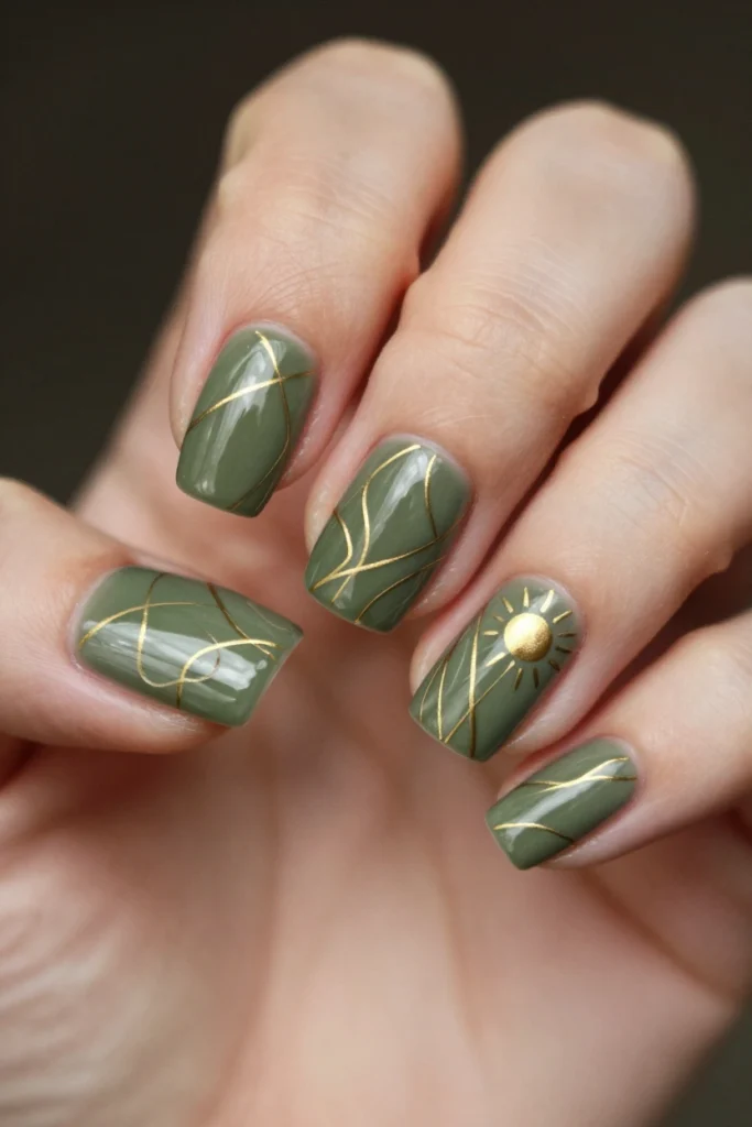 Olive Green Line Art Nails