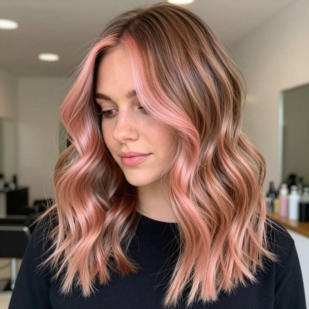 Rose Gold Balayage with Face-Framing Highlights