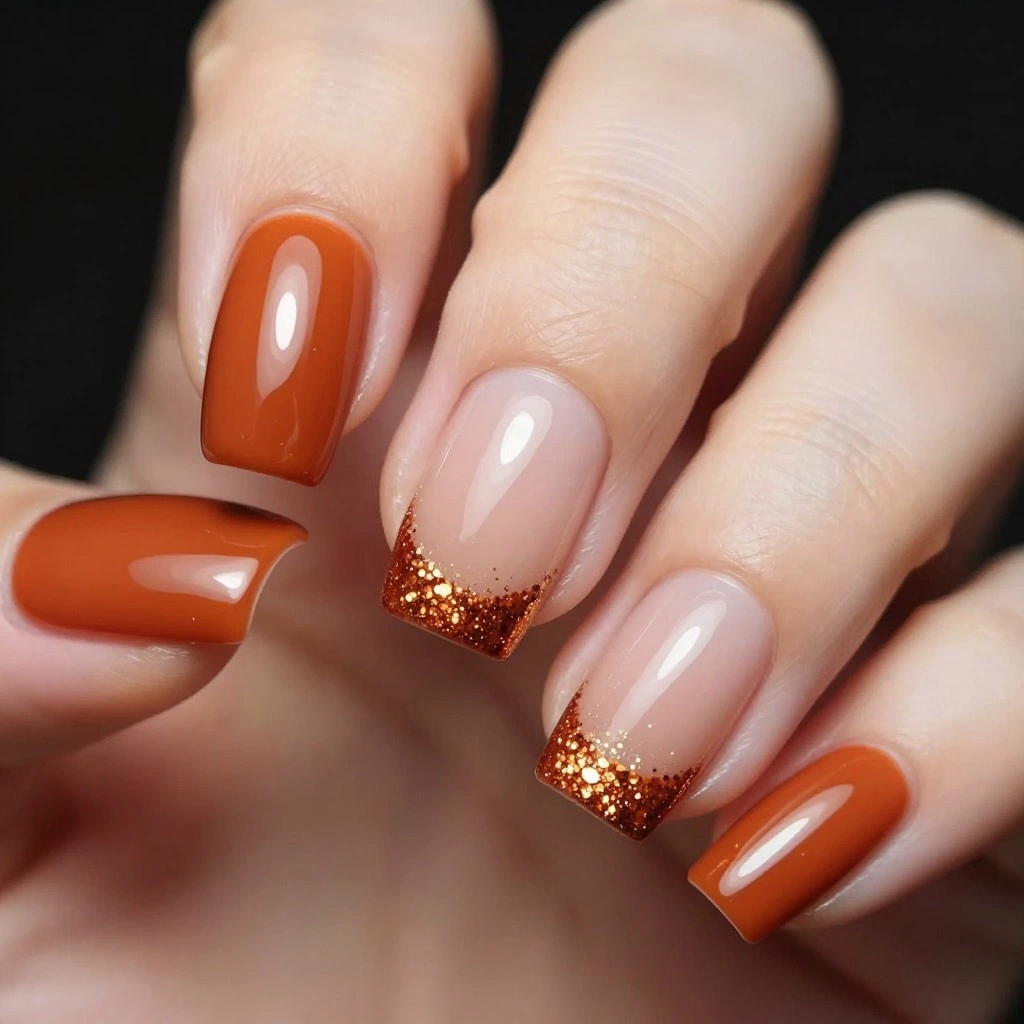 Rust Orange Chrome French Tip with Glitter Fade