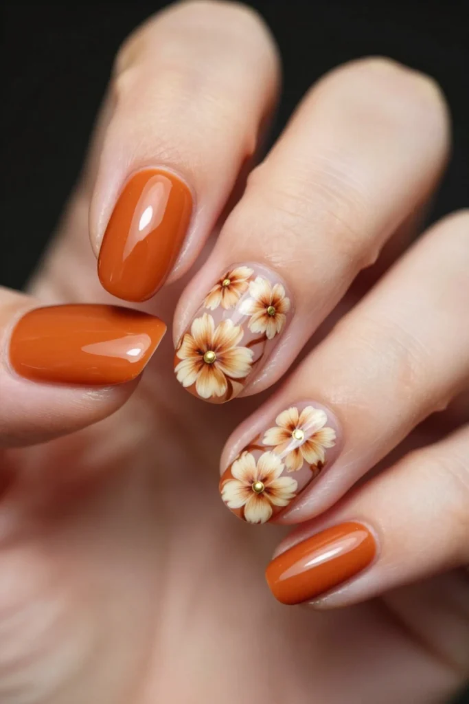 Rust Orange Floral Accent Nails