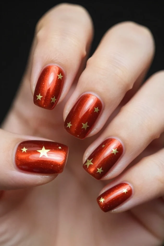 Rust Red Chrome Star Nails