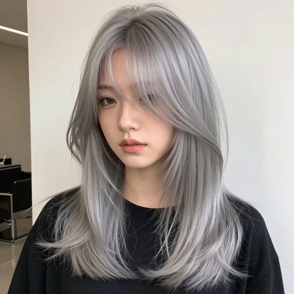 Silver Balayage with Curtain Bangs