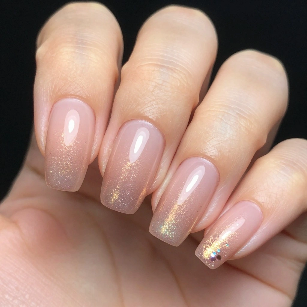 Soft Nude Chrome Ombre with Glitter Fade