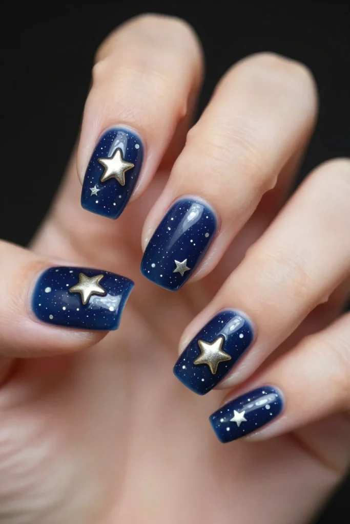 Starry Night Blue Nails with 3D Star Details
