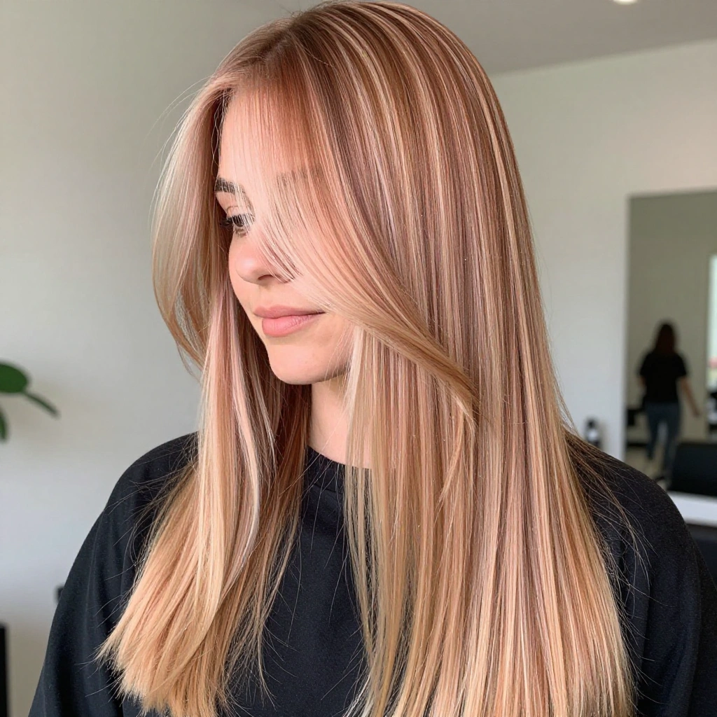 Long Strawberry Blonde Balayage with Money Piece